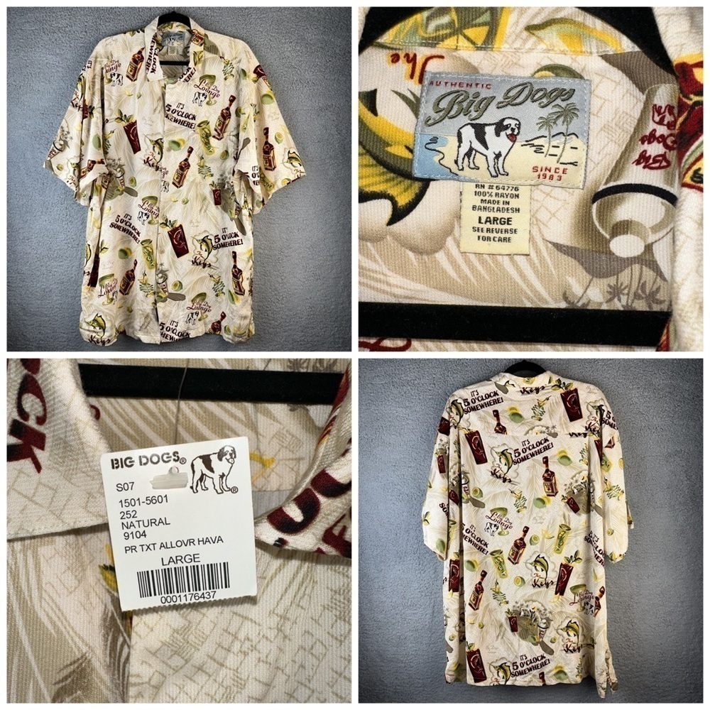 Big Dogs Shirt Men's Large Tan Hawaiian Graphic Allover Print NWT